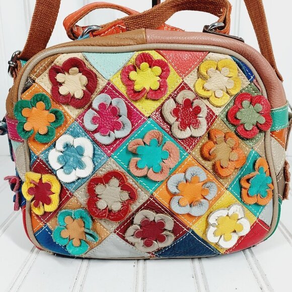 Boutique Patchwor Colorful Leather Floral Boho Spring Hand & Crossbody Bag 0168 - Picture 2 of 11
